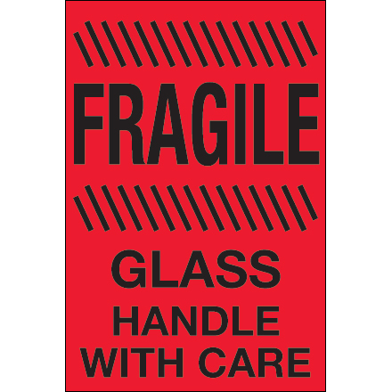 4 x 6" - "Fragile - Glass - Handle With Care" (Fluorescent Red) Labels